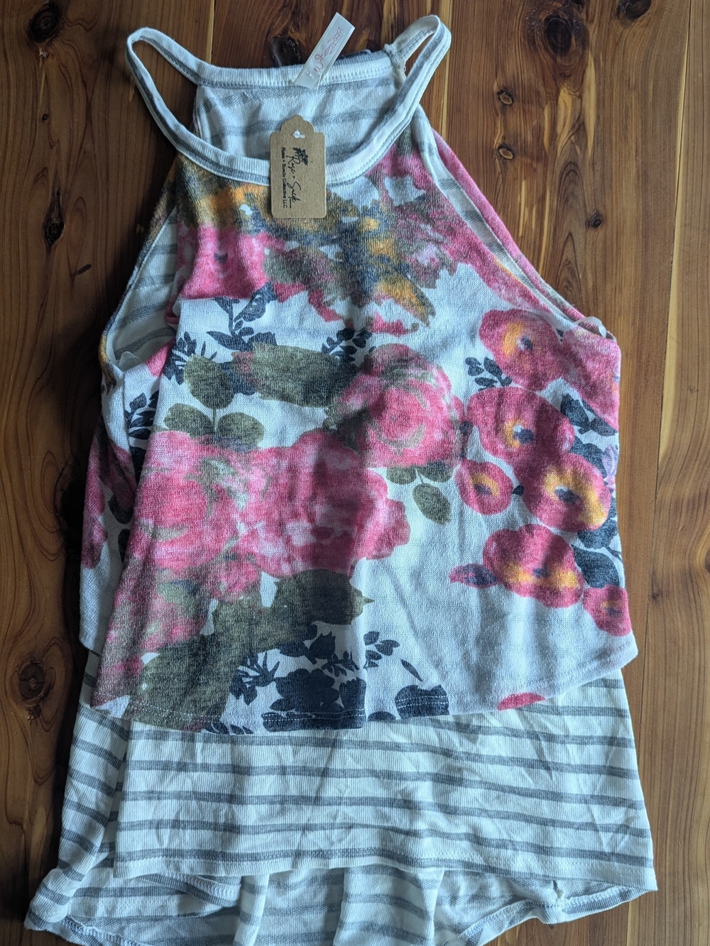 My Story Pink Floral Halter Tank with Olive Accents